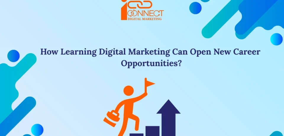 Illustration showing a person climbing steps with an upward arrow, representing how learning digital marketing opens new career opportunities.