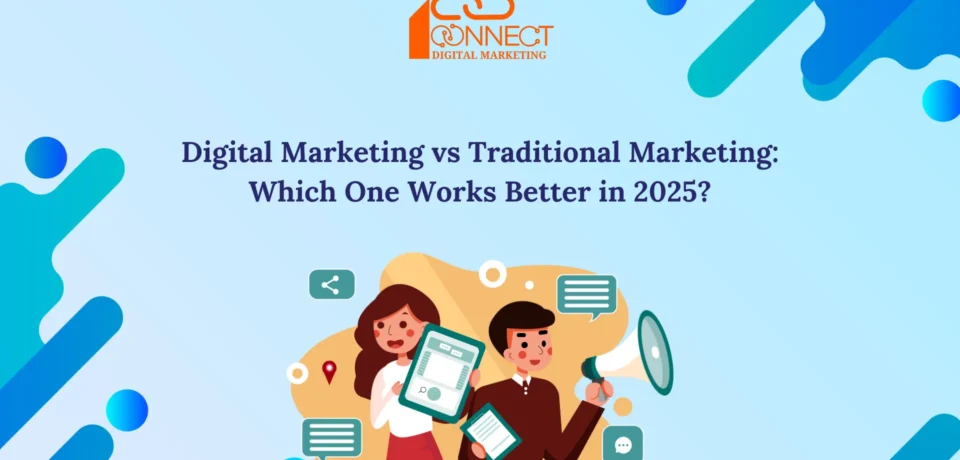 Two professionals comparing digital marketing and traditional marketing in 2025, showcasing modern tools and communication.