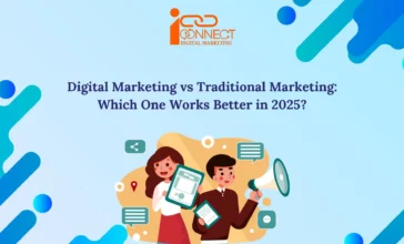 Two professionals comparing digital marketing and traditional marketing in 2025, showcasing modern tools and communication.