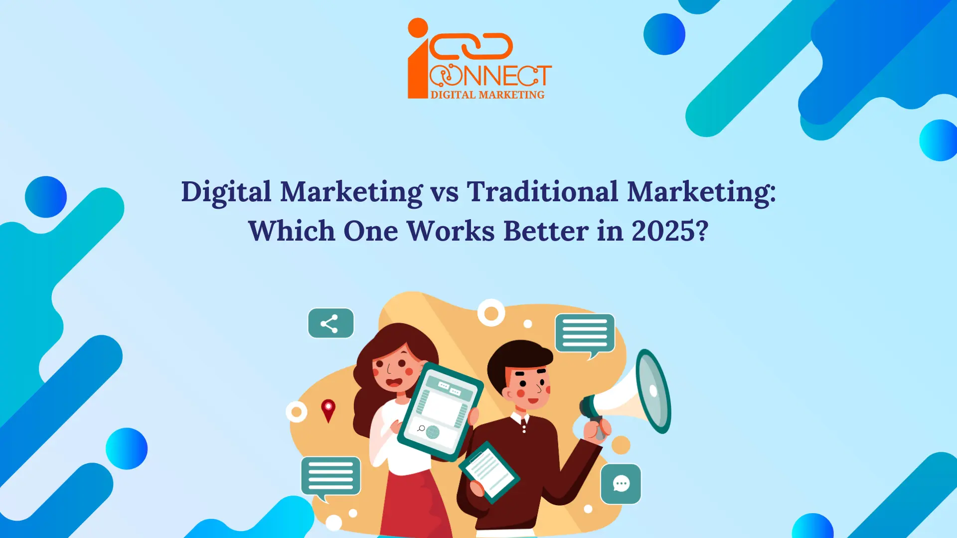 Two professionals comparing digital marketing and traditional marketing in 2025, showcasing modern tools and communication.