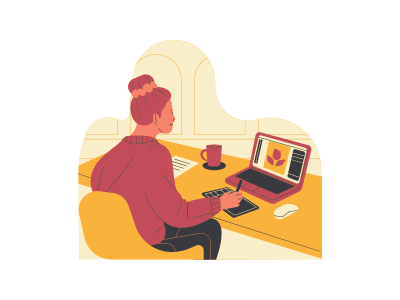 Woman working on logo and graphic design using a digital tablet and laptop, representing iConnectDM’s creative design services in Ghaziabad.