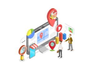 Illustration of local SEO services by iConnectDM showing location targeting, mobile optimization, and digital growth strategies for small businesses.