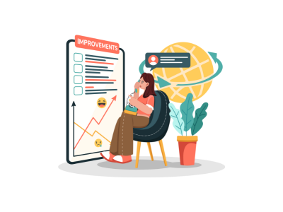 Illustration of online reputation management showing analytics, feedback improvement, and brand sentiment monitoring by iConnectDM.