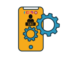 Illustration of SMO services with social media icons and settings gear, representing iConnectDM’s social media optimization in Ghaziabad.