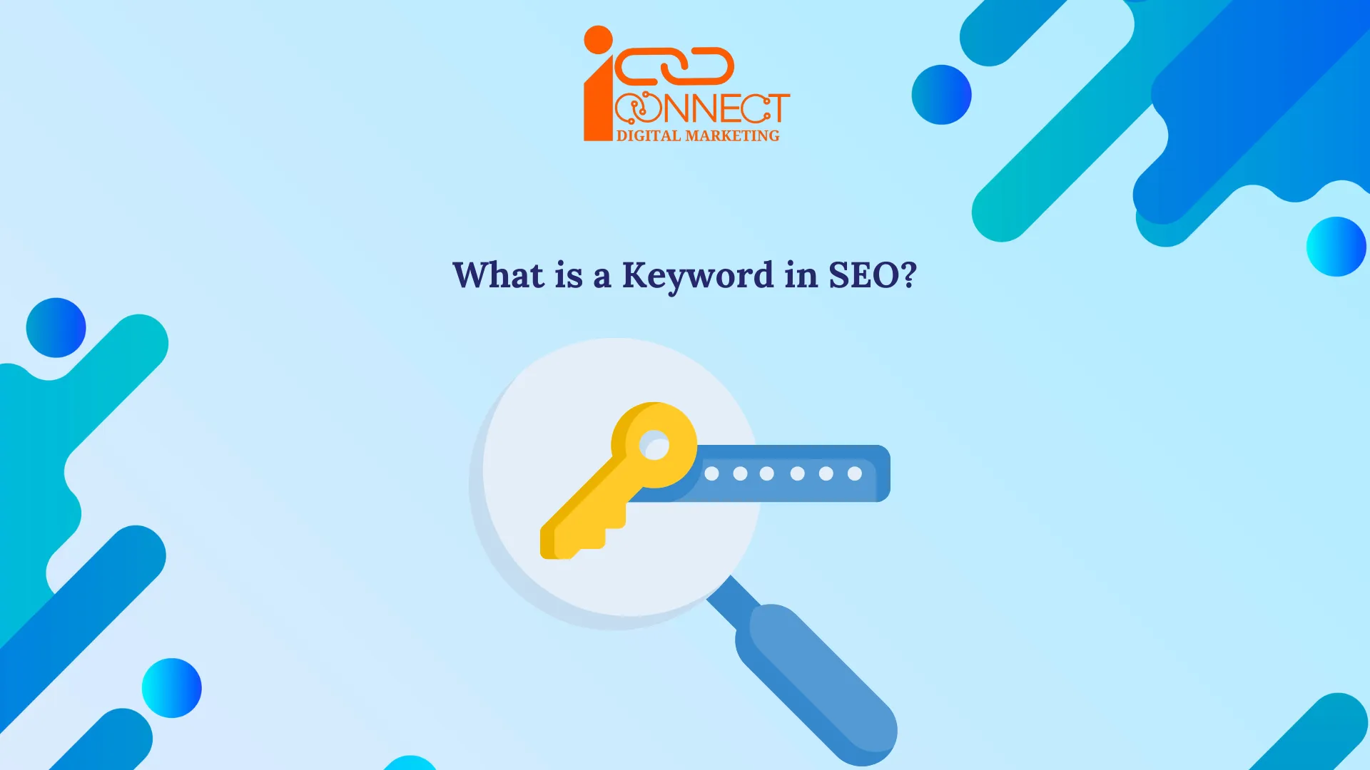 Illustration of a magnifying glass with a key symbol representing keyword in SEO - iConnectDM