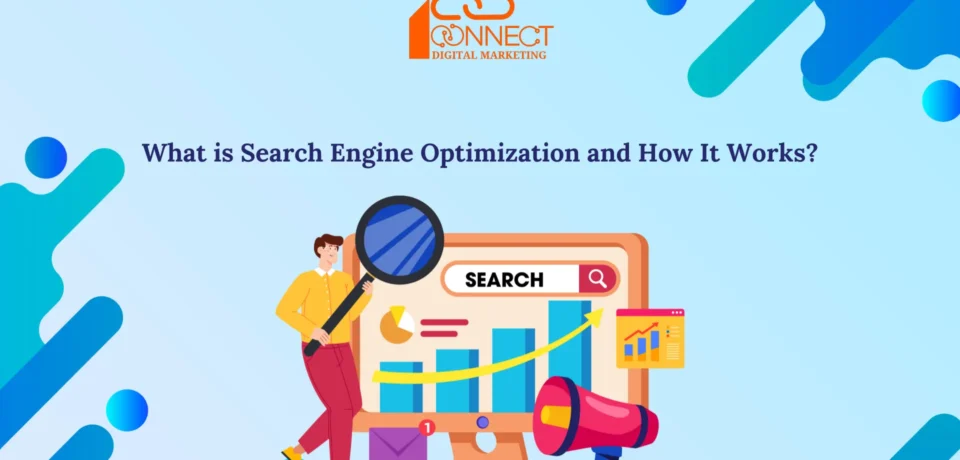 Illustration of search engine optimization with charts, magnifying glass, and digital marketing elements - iConnectDM