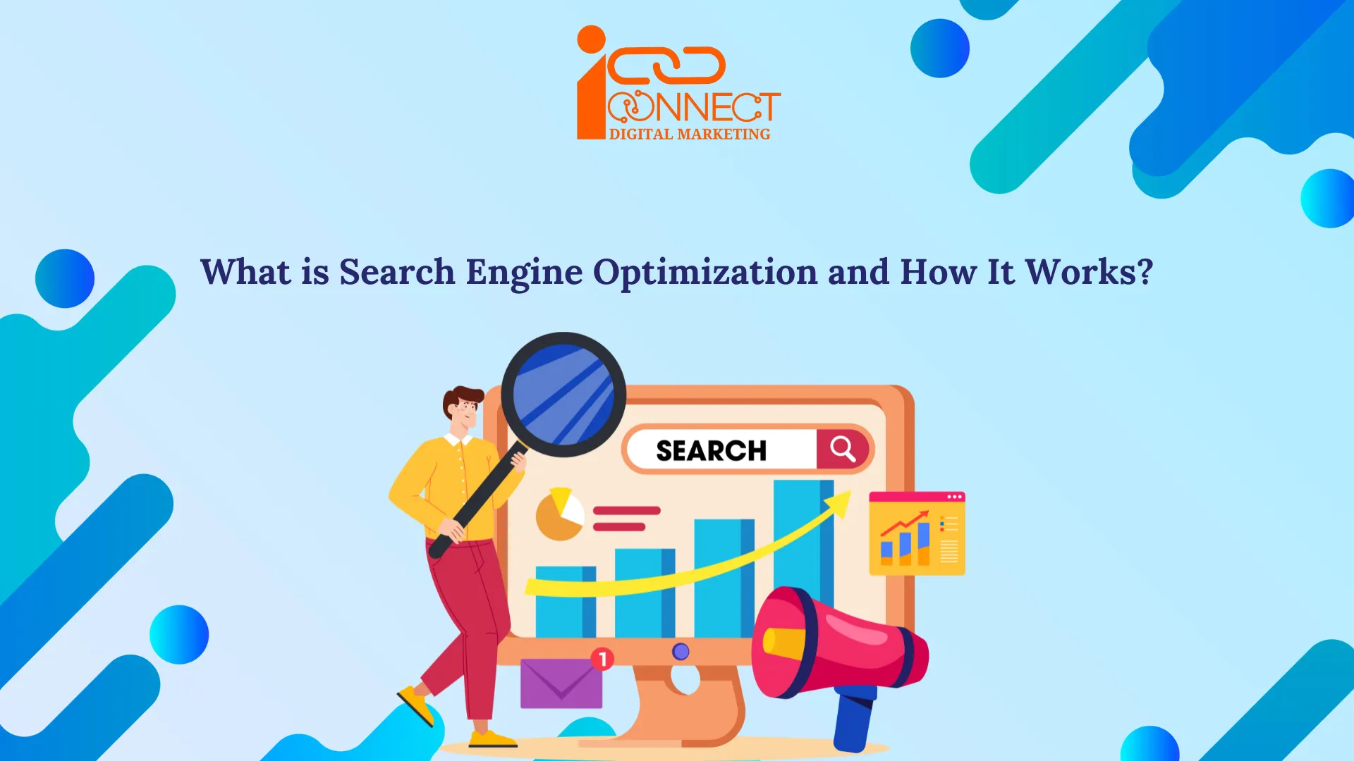 Illustration of search engine optimization with charts, magnifying glass, and digital marketing elements - iConnectDM