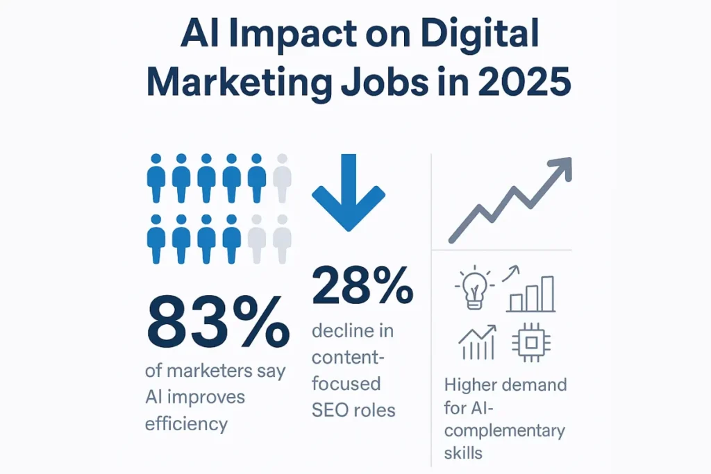AI impact on digital marketing jobs in 2025 showing efficiency boost, SEO job decline and rise in AI-complementary skills.