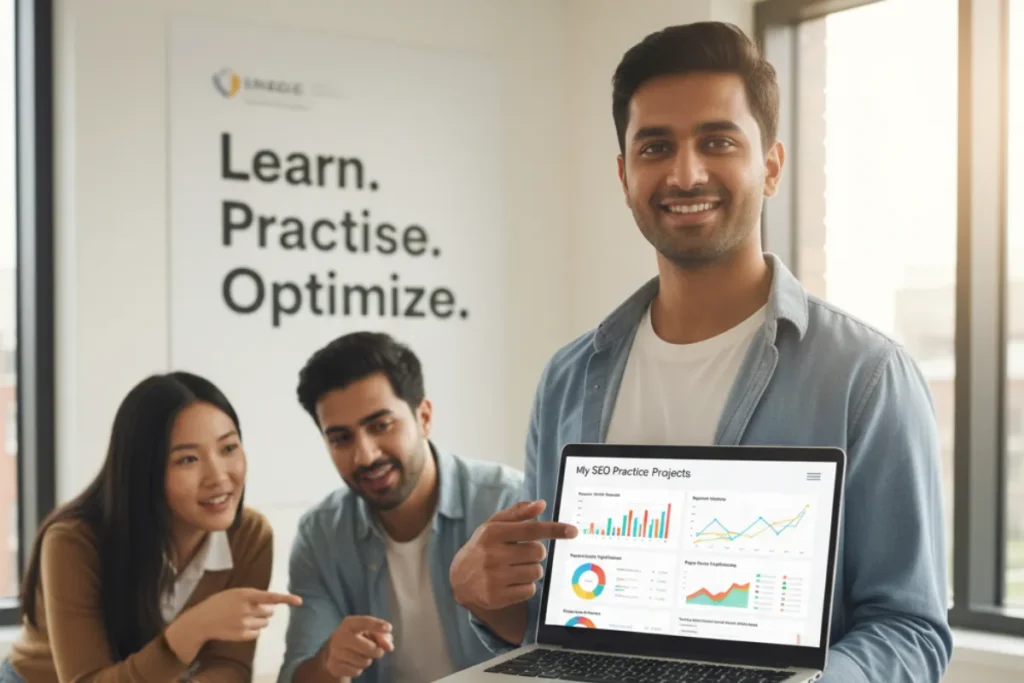 A group of young digital marketers reviewing SEO analytics on a laptop, showcasing how AI like ChatGPT supports data-driven optimization.