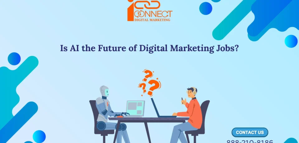 AI the future of digital marketing jobs illustration showing a robot and a human working together on laptops.