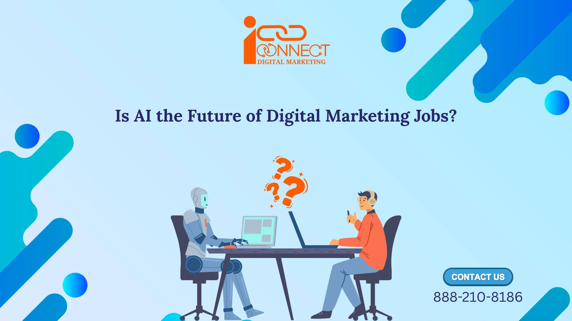 AI the future of digital marketing jobs illustration showing a robot and a human working together on laptops.