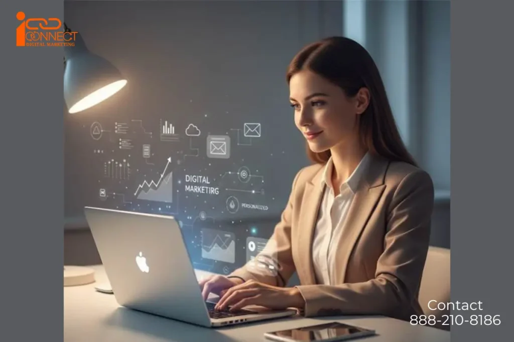 Professional woman working on a laptop with digital marketing and AI analytics icons displayed on screen