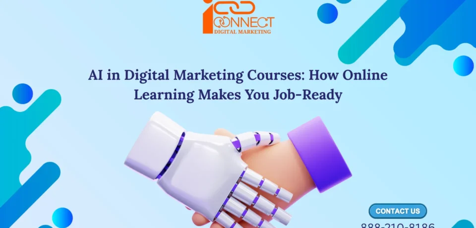 AI and human handshake representing AI-powered digital marketing courses and online learning making learners job-ready