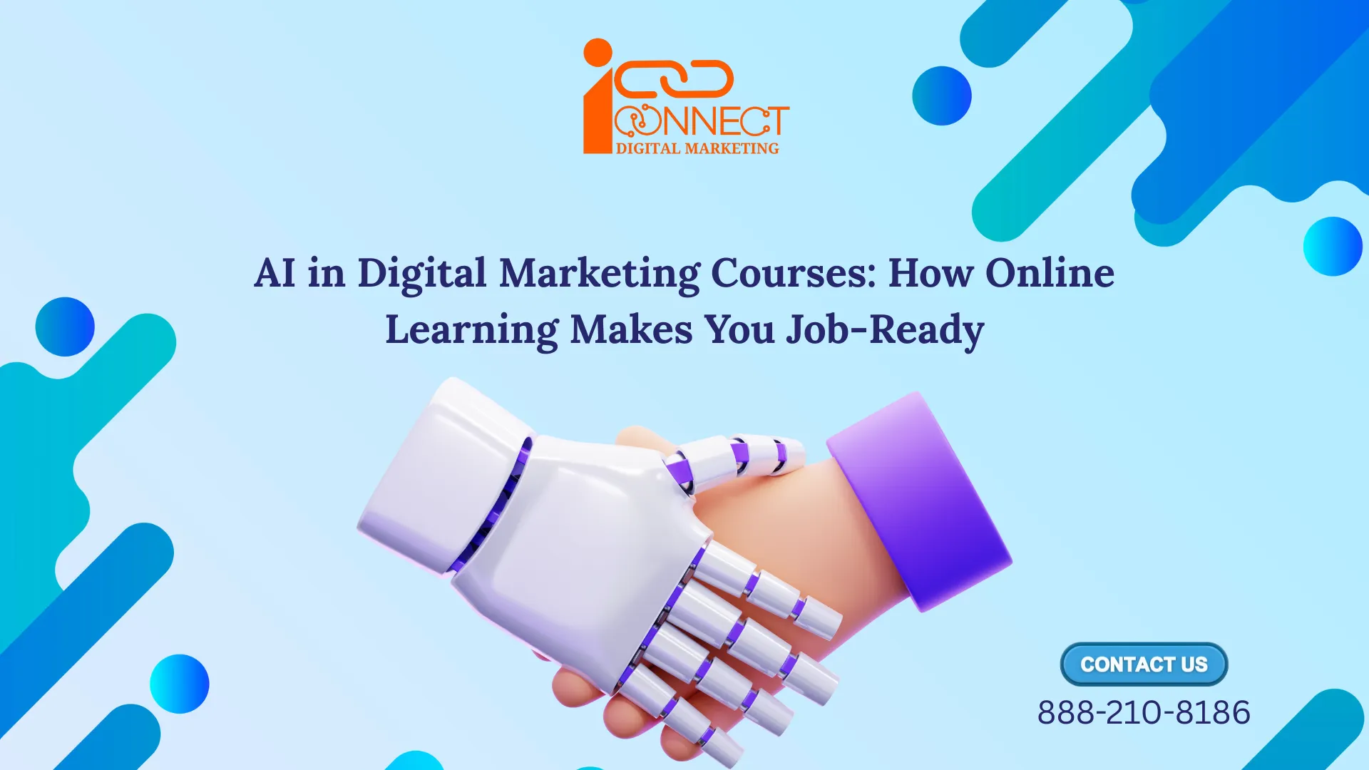 AI and human handshake representing AI-powered digital marketing courses and online learning making learners job-ready