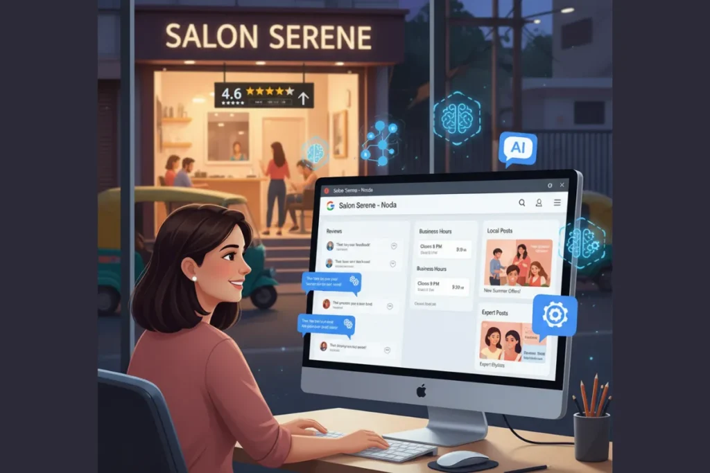 Woman using AI tools on a computer to manage the online presence of a beauty salon named Salon Serene.