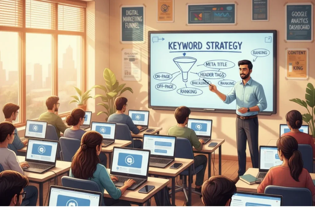 Students learning SEO keyword strategy in a digital marketing classroom with an instructor teaching on a whiteboard.