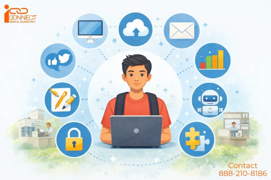 Digital skills for students using laptop and modern tools to become employable in 2026