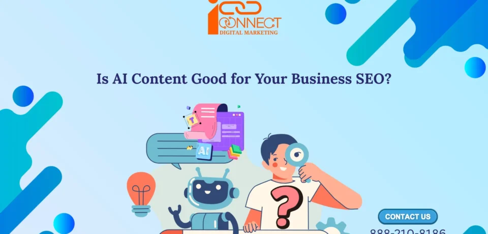 AI content and SEO concept showing a human and robot discussing whether AI content is good for business SEO.