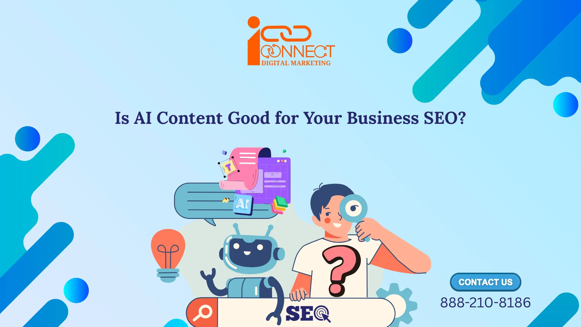 AI content and SEO concept showing a human and robot discussing whether AI content is good for business SEO.