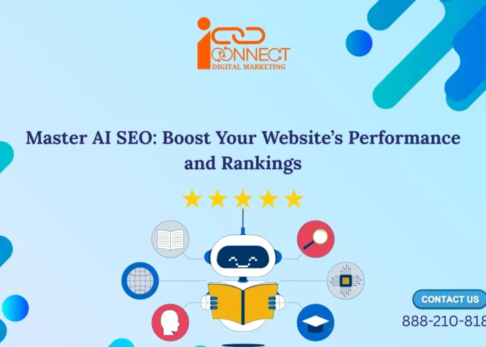 Master AI SEO guide showing artificial intelligence improving website performance and Google search rankings