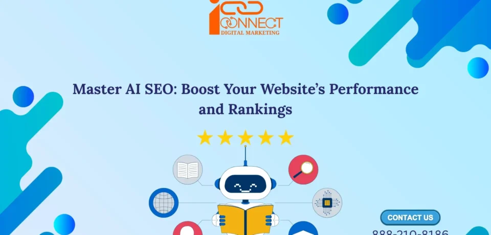 Master AI SEO guide showing artificial intelligence improving website performance and Google search rankings