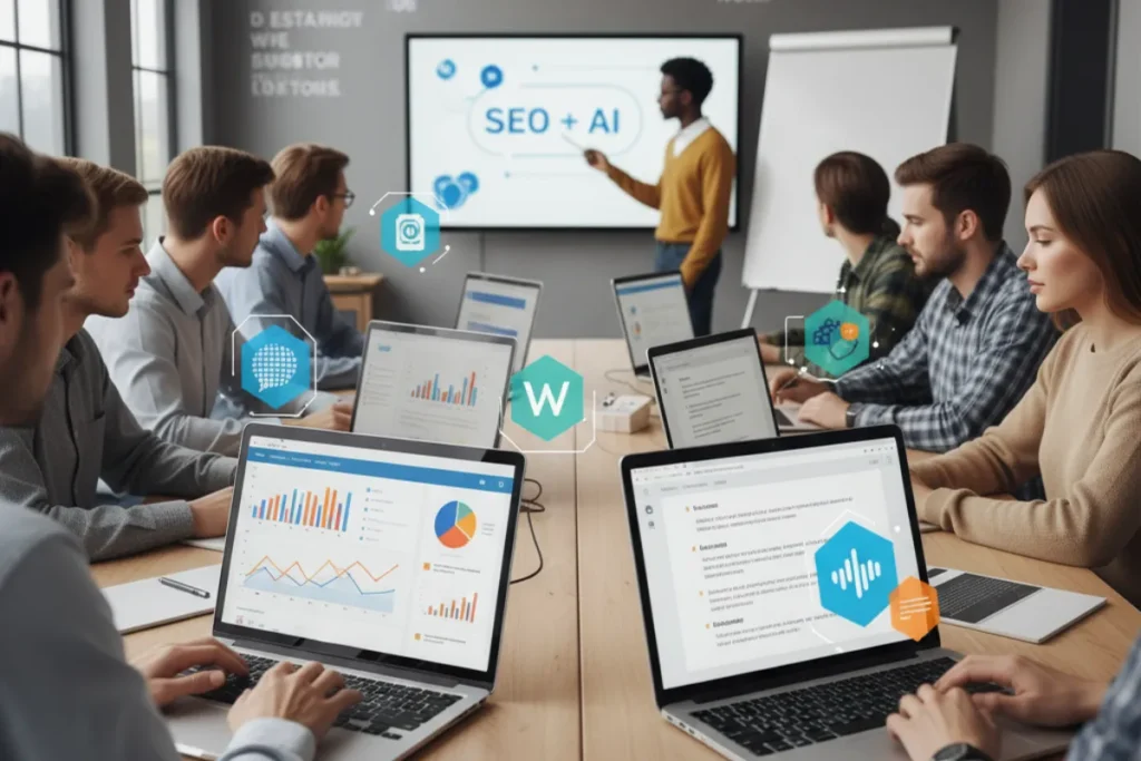 Students learning SEO and AI tools in a classroom with laptops and performance dashboards.