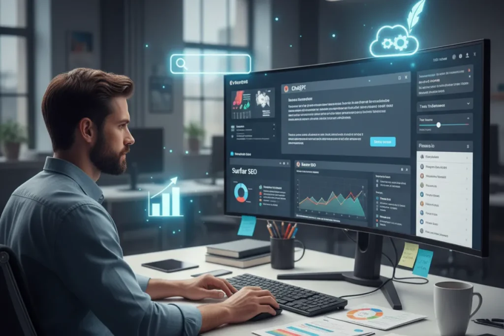 Digital marketer working on SEO dashboards and AI tools on a computer screen in a modern office.