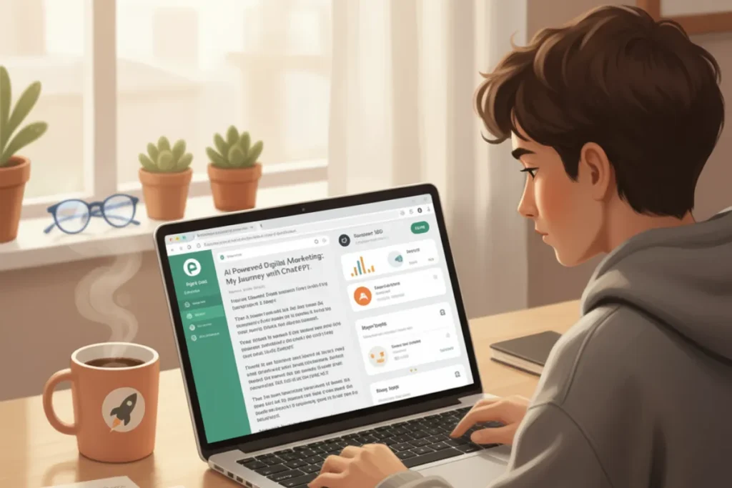 A student sitting at a desk using a laptop to study, with a coffee mug, plants, and glasses nearby in a bright, cozy room.