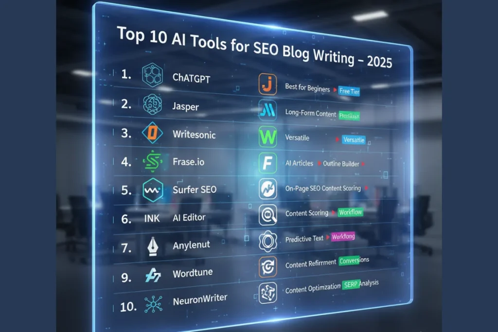 List of top 10 AI tools for SEO blog writing in 2025 displayed on a futuristic digital board.