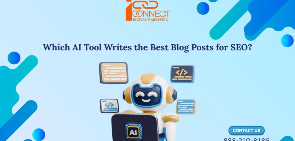 AI robot creating SEO blog content with multiple writing icons and text blocks around it.