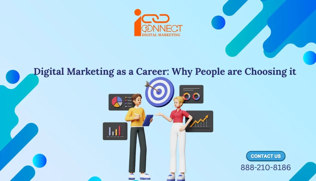 Illustration showing digital marketing as a career choice with analytics, targets, and growth visuals