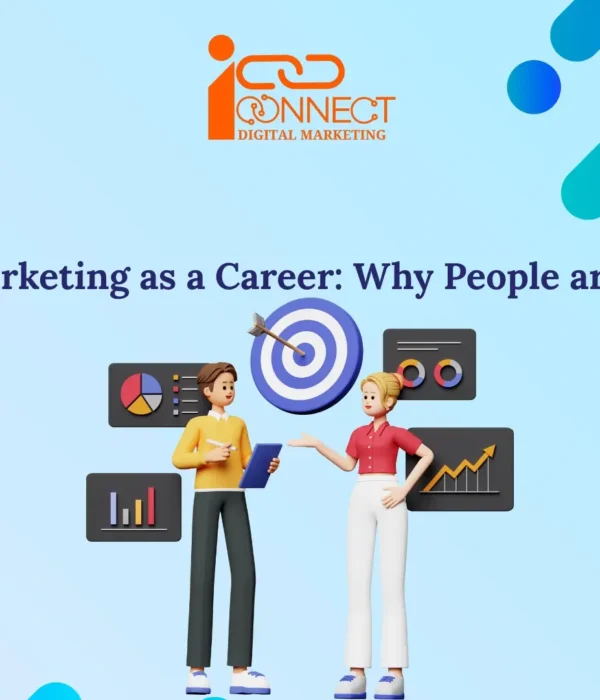 Illustration showing digital marketing as a career choice with analytics, targets, and growth visuals