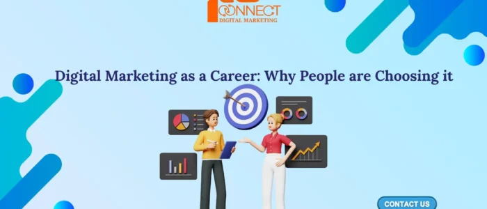 Illustration showing digital marketing as a career choice with analytics, targets, and growth visuals