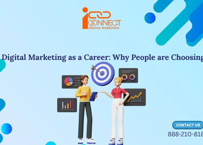 Illustration showing digital marketing as a career choice with analytics, targets, and growth visuals