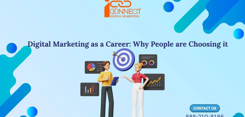 Illustration showing digital marketing as a career choice with analytics, targets, and growth visuals