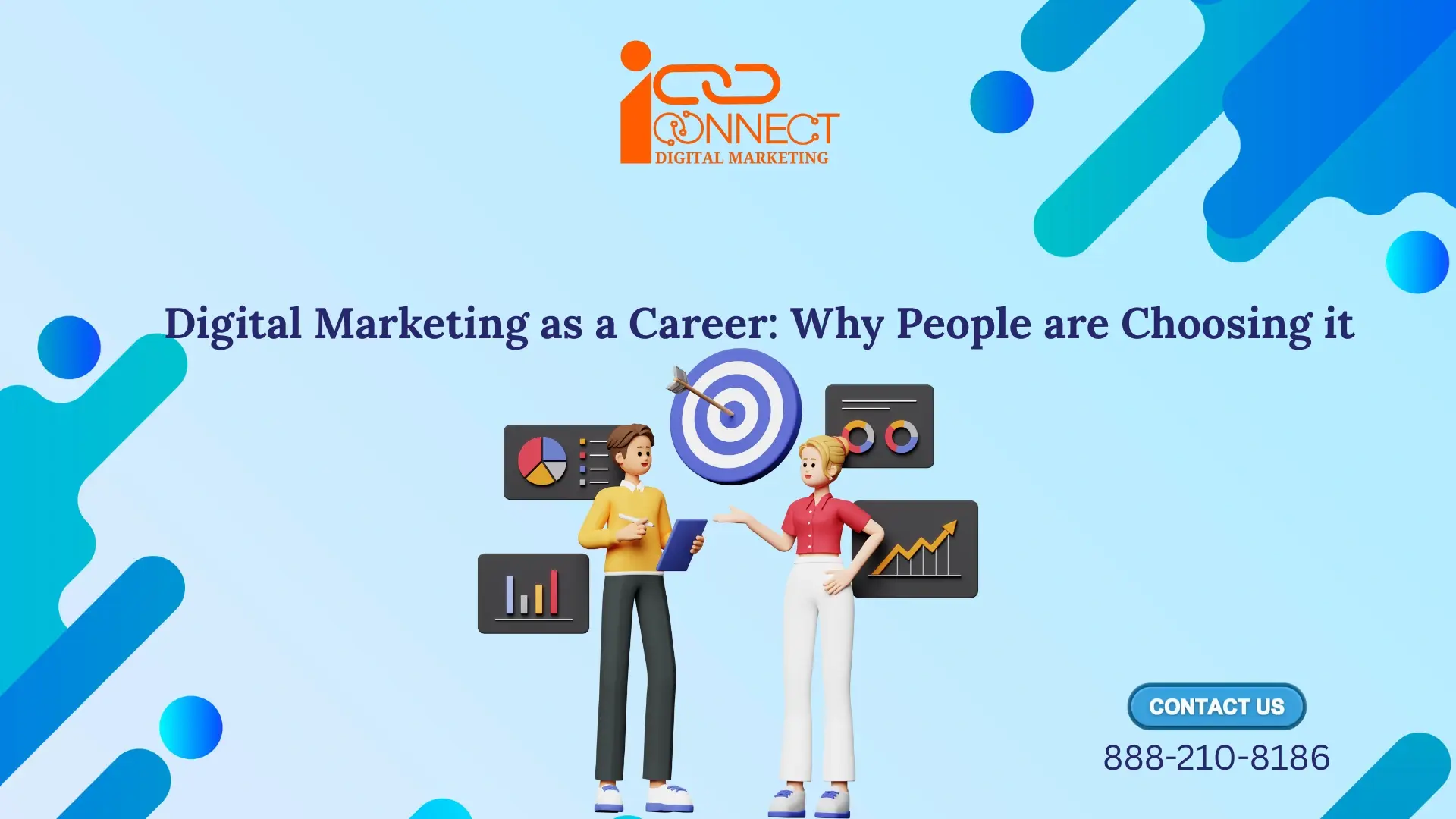 Illustration showing digital marketing as a career choice with analytics, targets, and growth visuals