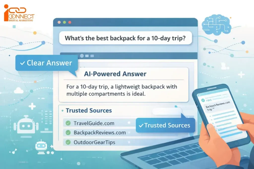 Illustration showing AI-powered search providing a clear answer with trusted sources for a user query