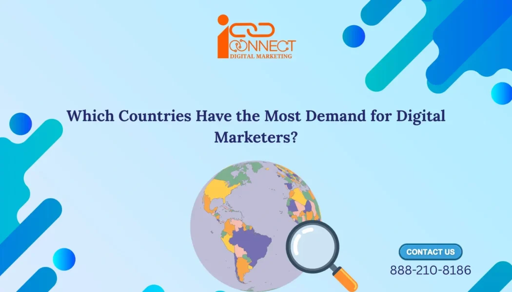 Illustration showing global demand for digital marketers with a world map and search icon