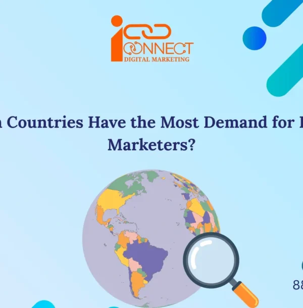 Illustration showing global demand for digital marketers with a world map and search icon