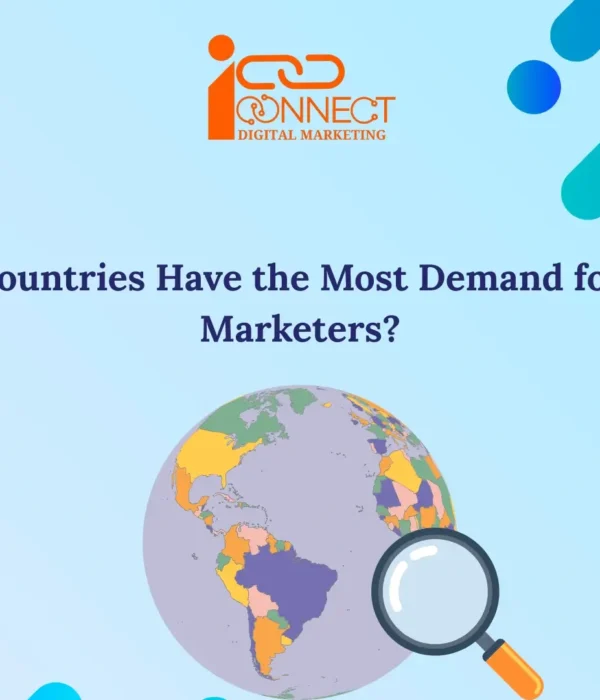 Illustration showing global demand for digital marketers with a world map and search icon