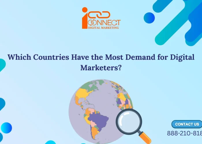 Illustration showing global demand for digital marketers with a world map and search icon