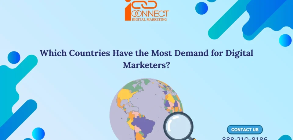 Illustration showing global demand for digital marketers with a world map and search icon