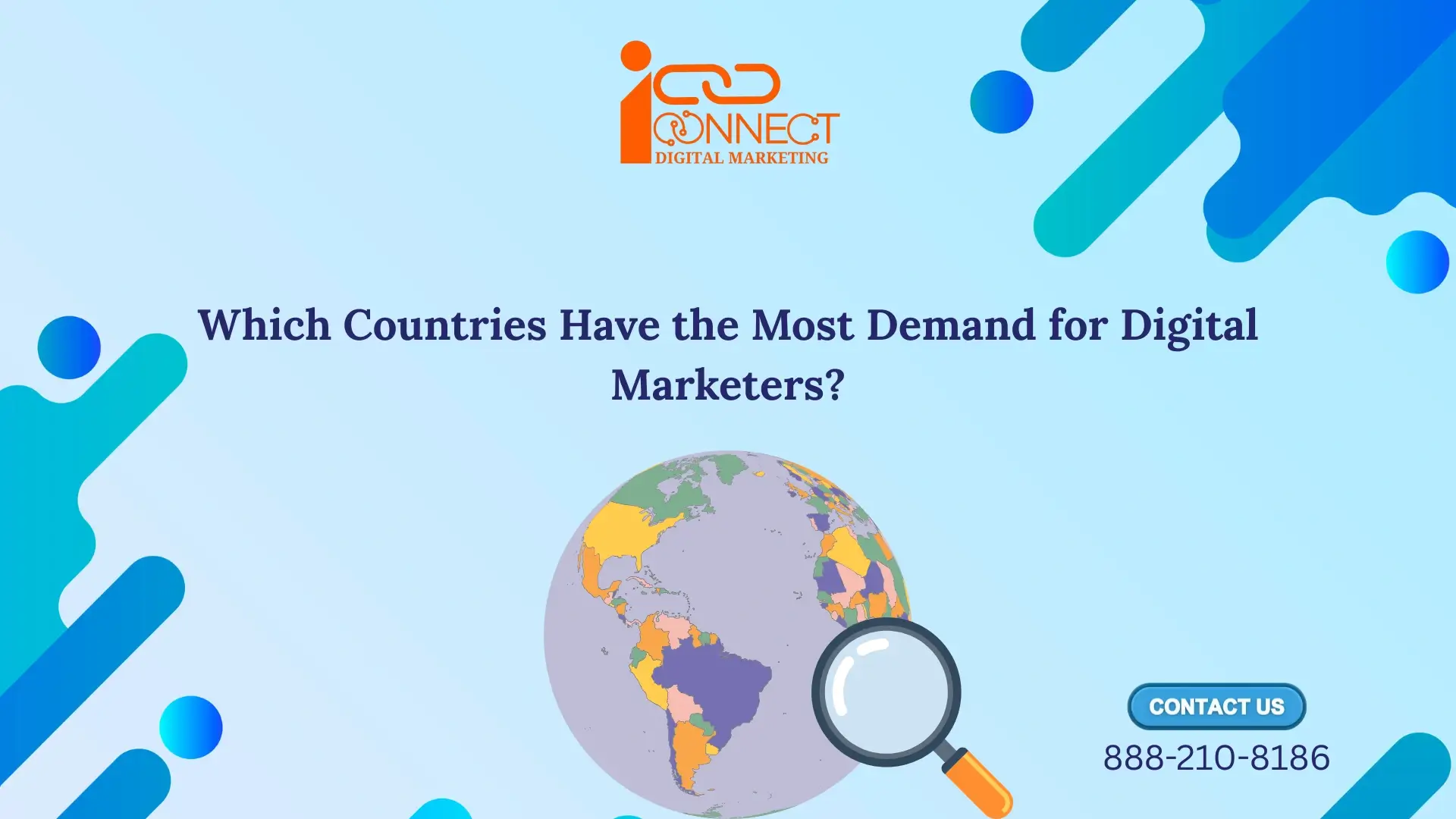 Illustration showing global demand for digital marketers with a world map and search icon