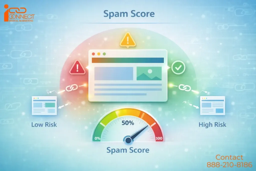 Illustration showing spam score in SEO with low risk and high risk link signals