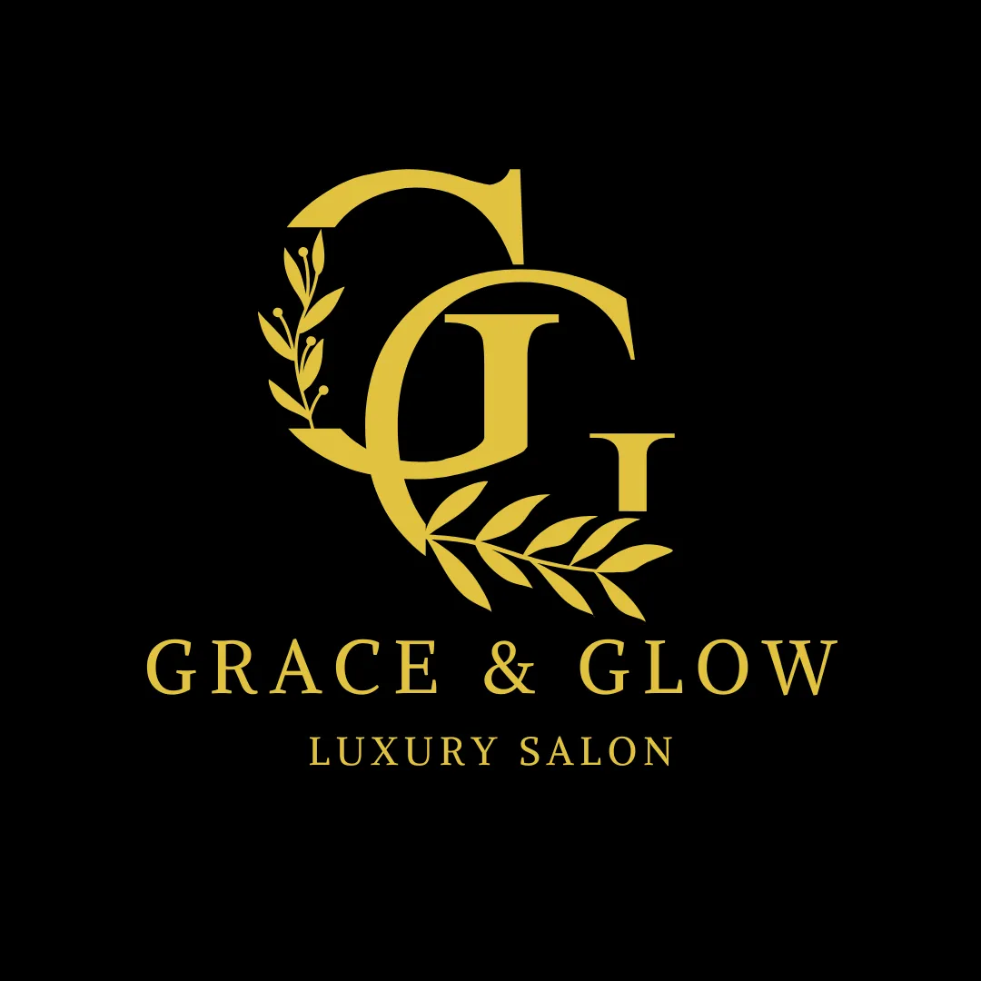 Grace and Glow Luxury Salon logo with golden initials GG and elegant leaf design on black background