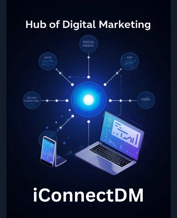 Hub of digital marketing showing social media, ads, analytics and online marketing services connected through a central network with laptop and smartphone representing a complete digital marketing ecosystem for business growth