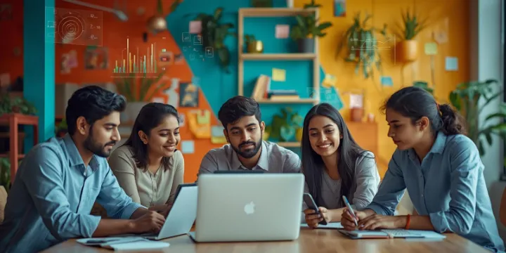 Students learning digital marketing together in a group session with laptop and mentor guidance