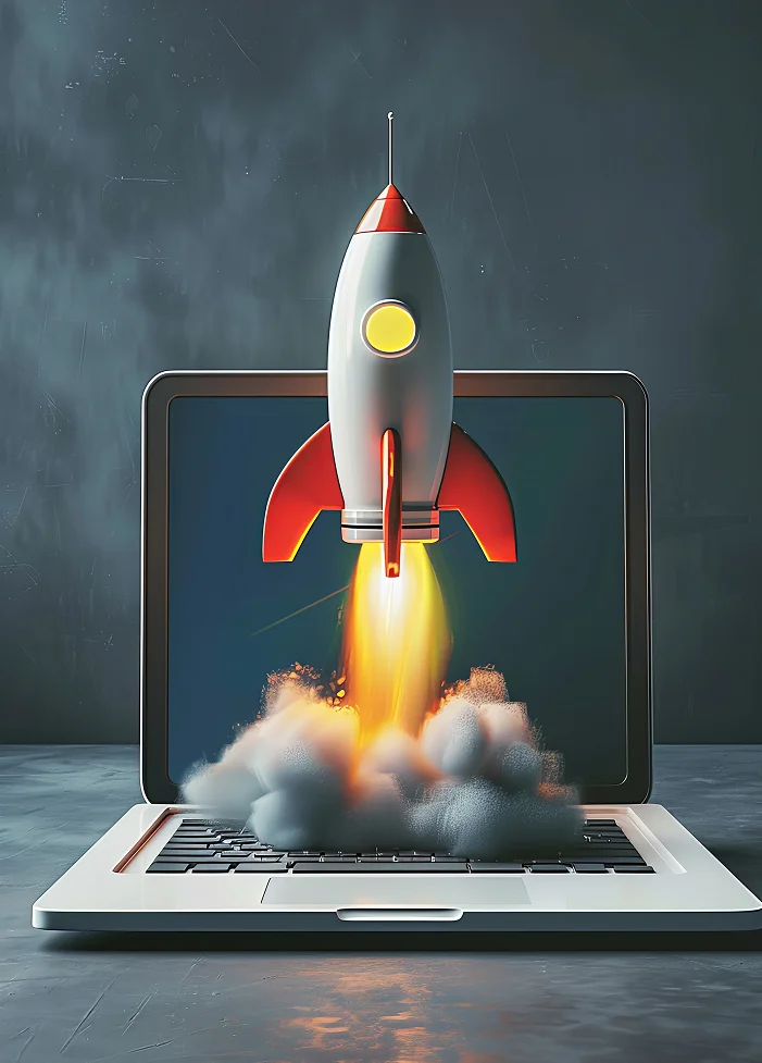 Rocket launching from laptop symbolizing digital marketing growth success and online business transformation
