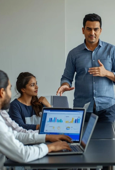 Digital marketing trainer guiding students during a practical training session with laptop and analytics data