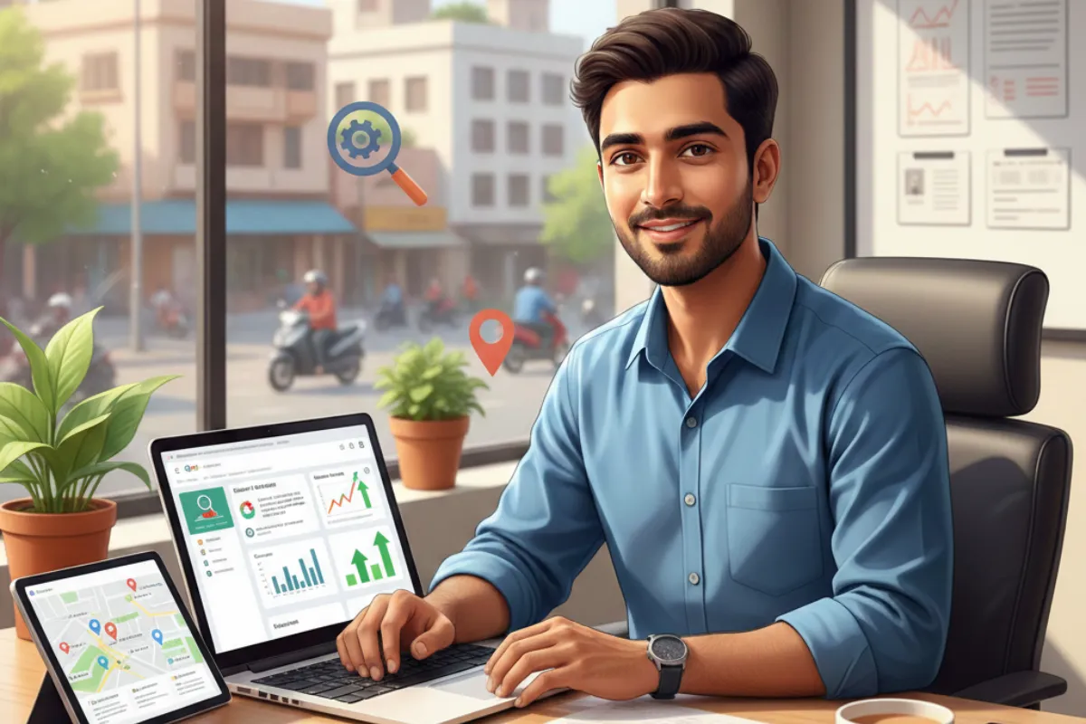 local seo expert working on google my business optimization with laptop analytics dashboard and maps ranking